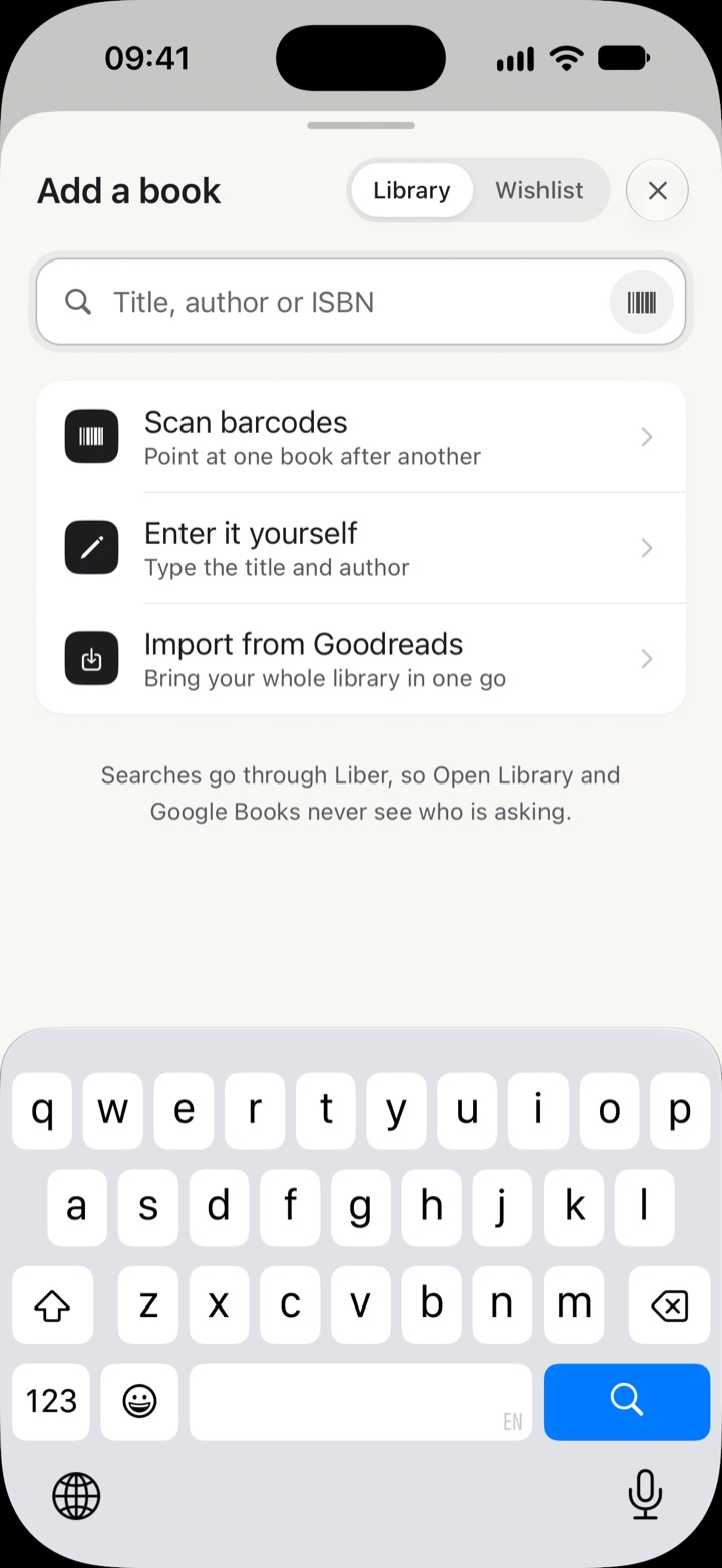 Adding a book: scan, enter it yourself or import