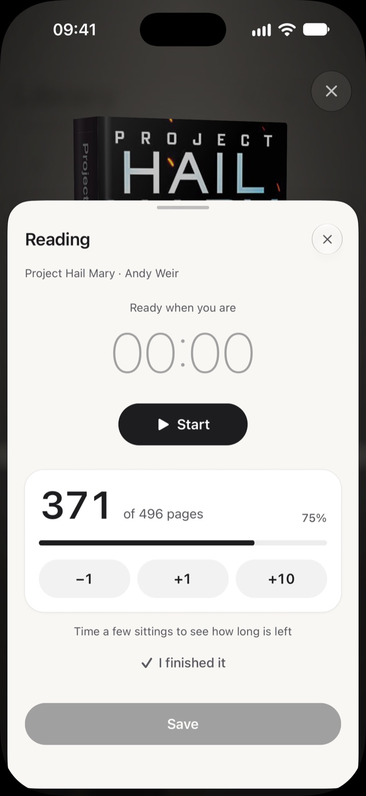 Reading Project Hail Mary: a timer and the page you're on